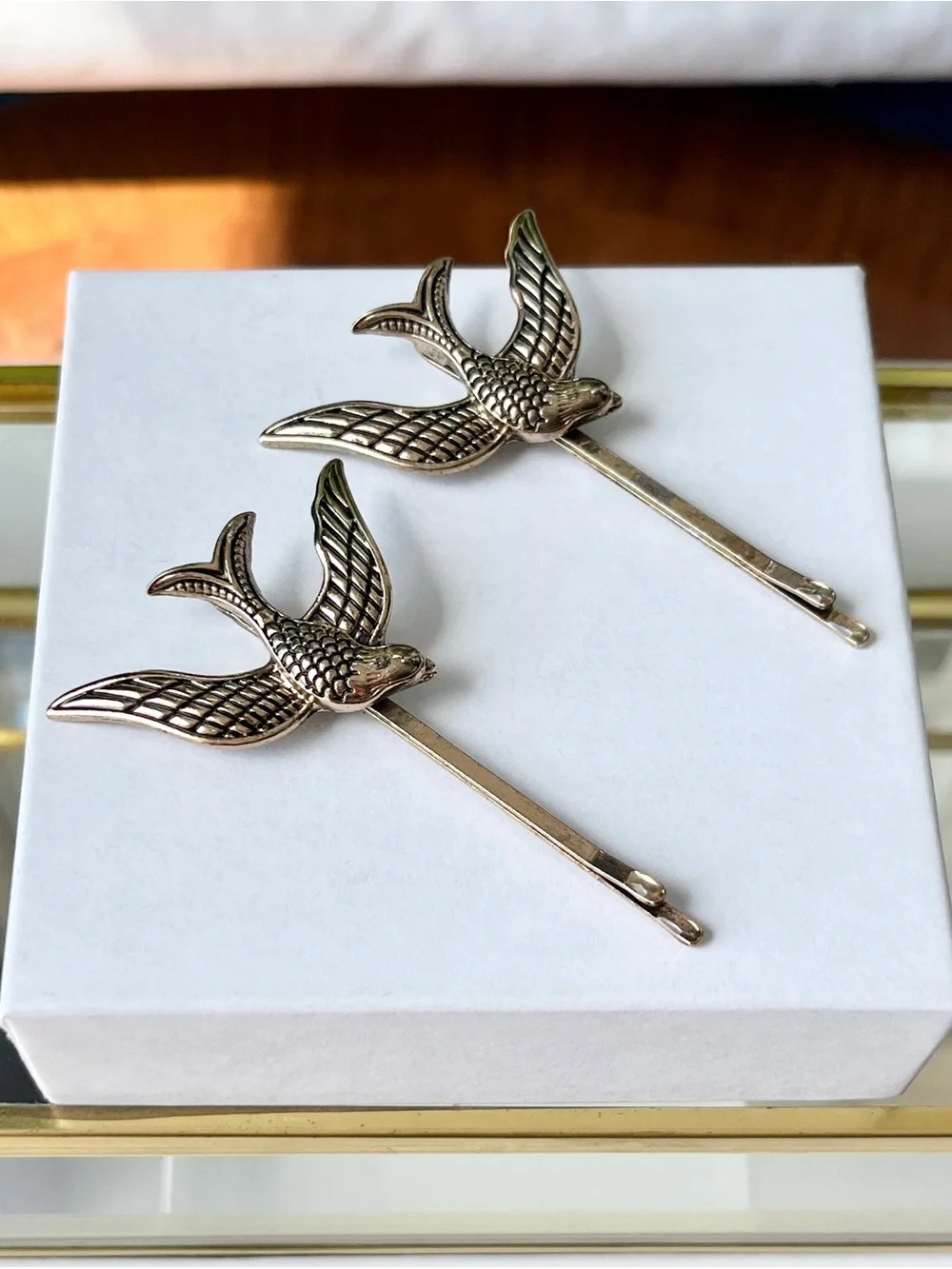 Engraved Gold-Tone Swallow Hair Pins - Set of 2